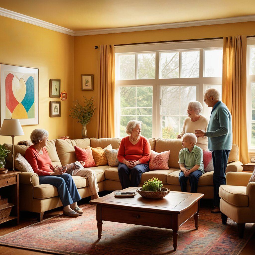 A warm family scene featuring a multi-generational family gathered around a cozy living room, sharing stories and laughter. In the background, various insurance-related symbols subtly integrated, like home, car, and health symbols, intertwined with hearts representing love. Sunlight streaming in through a window, creating a nostalgic and inviting atmosphere. soft focus. vibrant colors. painting.