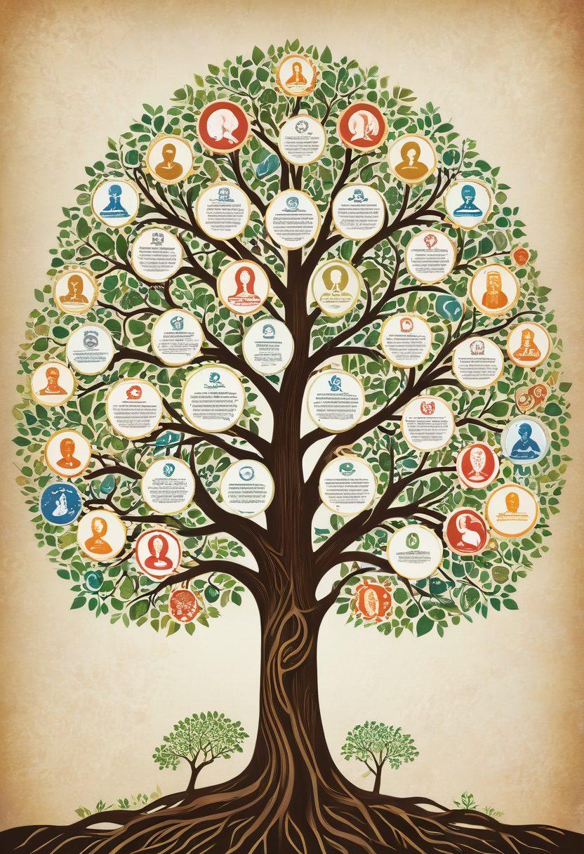 A family tree intertwined with insurance symbols, showcasing various generations. Each branch depicts a unique ancestral figure alongside insurance icons like health, life, and property. The background features subtle hints of historical documents, and a warm, inviting color palette evokes a sense of sharing and legacy. The scene is framed in an elegant design that suggests both heritage and security. vibrant colors. super-realistic.