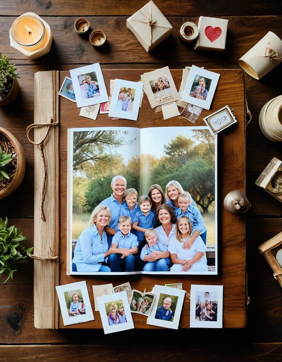 An open family album showcasing generations of love and legacy, with photographs of happy families, intertwined with symbols of insurance such as protective shields and heart icons. The background displays a warm, inviting home, emphasizing security and tradition, while a soft golden light bathes the scene, creating an emotional connection. super-realistic. warm tones. vibrant colors.